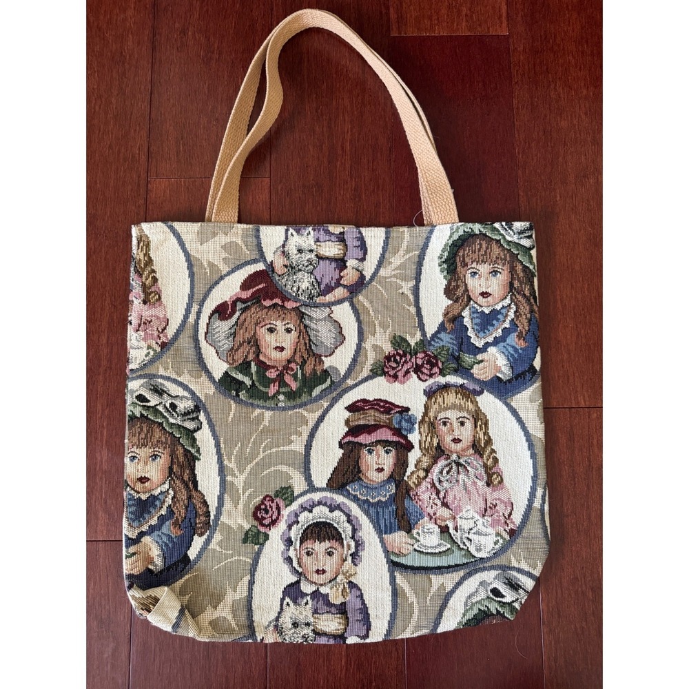 Vintage Tapestry Tote Bag Victorian Girl Portrait Cottagecore Woven Shoulder Bag